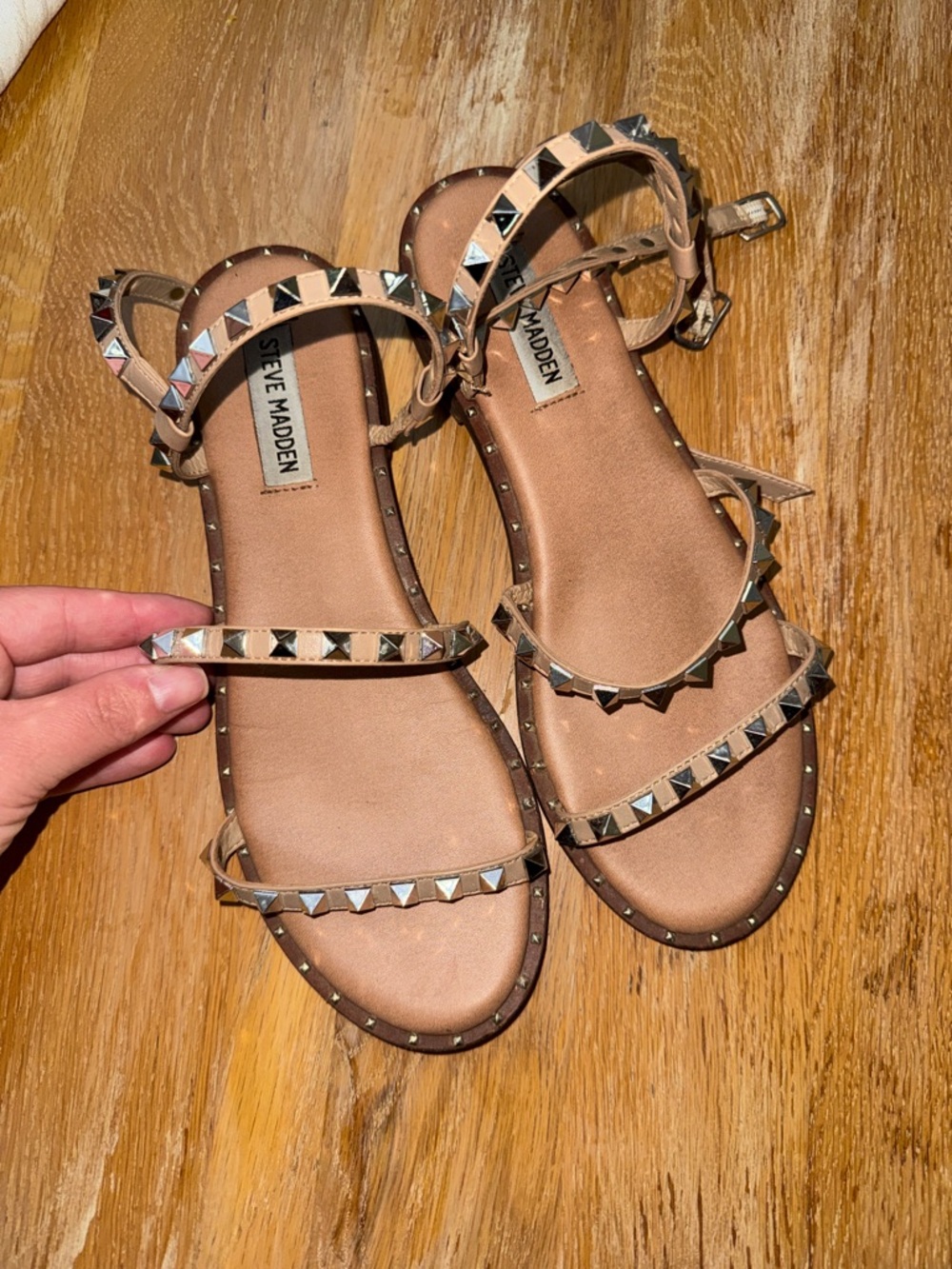 Steve Madden Tan Pyramid-Stud Ankle Strap Sandals